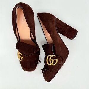 Gucci Dark Chocolate Brown Suede Marmont GG fringe high heel Loafer pumps EU38.5